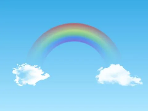 Bright arched rainbow with clouds realistic on blue background. Vector illust Stock-Illustration