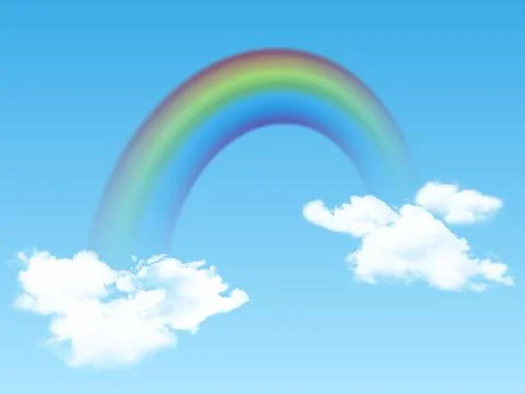 Bright arched rainbow with clouds realistic on blue background. Vector illust Illustrazione stock