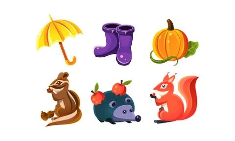 Bright autumn nature design elements, forest animals, plants vector Illustration 스톡 일러스트