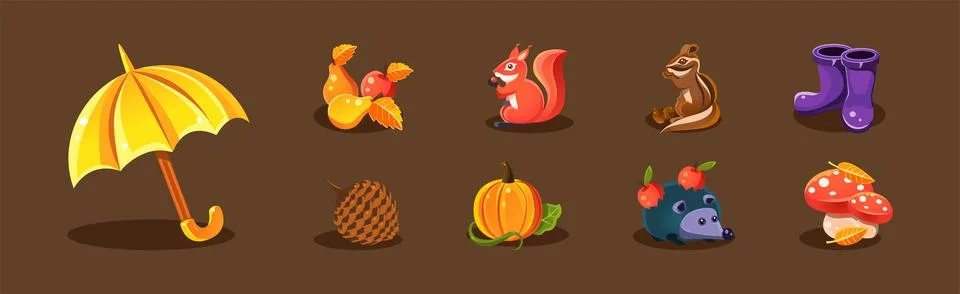Bright Autumn Object and Elements Isolated on Brown Background Vector Set Stock Illustration