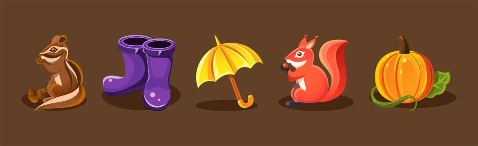 Bright Autumn Object and Elements Isolated on Brown Background Vector Set Stock Illustration