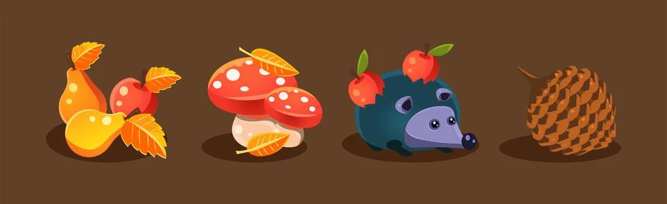 Bright Autumn Object and Elements Isolated on Brown Background Vector Set Stock Illustration