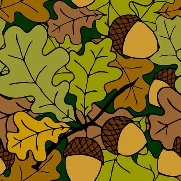 Bright autumn seamless pattern of oak leaves and acorns on a green Stock Illustration