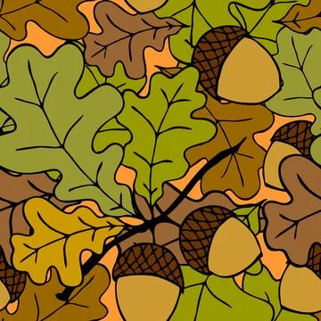 Bright autumn seamless pattern of oak leaves and acorns on an orange Stock Illustration