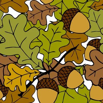 Bright autumn seamless pattern of oak leaves and acorns on a white Stock Illustration