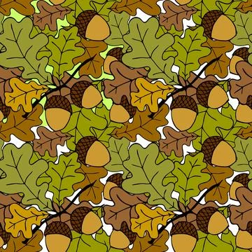 Bright autumn seamless pattern of oak leaves and acorns on a green Stock Illustration