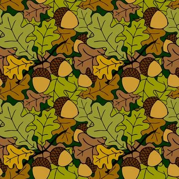 Bright autumn seamless pattern of oak leaves and acorns on a green backgrou.. Stock Illustration