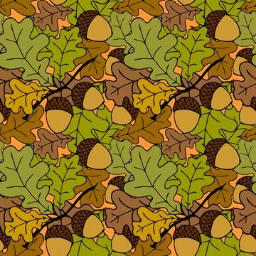 Bright autumn seamless pattern of oak leaves and acorns on an orange backgr.. Stock Illustration