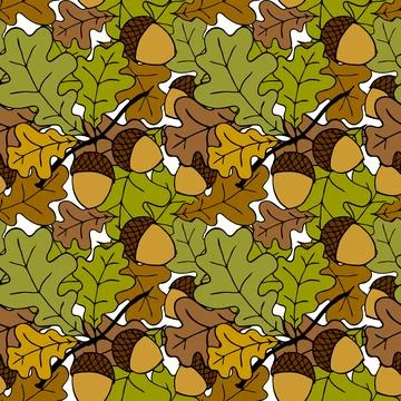 Bright autumn seamless pattern of oak leaves and acorns on a white backgrou.. Stock Illustration