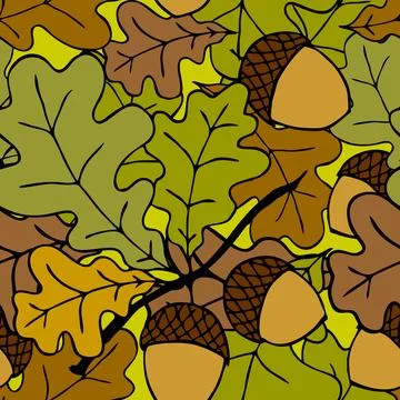 Bright autumn seamless pattern of oak leaves and acorns on a green backgrou.. Stock Illustration