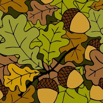 Bright autumn seamless pattern of oak leaves and acorns on a green backgrou.. Illustrazione stock