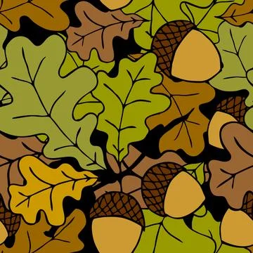 Bright autumn seamless pattern of oak leaves and acorns on a black backgrou.. Stock Illustration