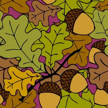 Bright autumn seamless pattern of oak leaves and acorns on a purple backgro.. Illustrazione stock