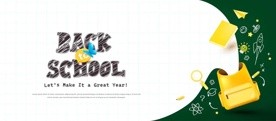 Bright back to school layout with yellow backpack notebook grid and chalkbo.. Illustrazione stock