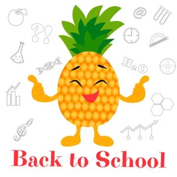Bright background Back to School with smiling pineapple and school icons Illustrazione stock