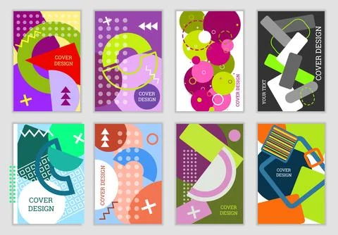 Bright background in Memphis style. Set of geometric cover designs. Fashionable Stock Illustration