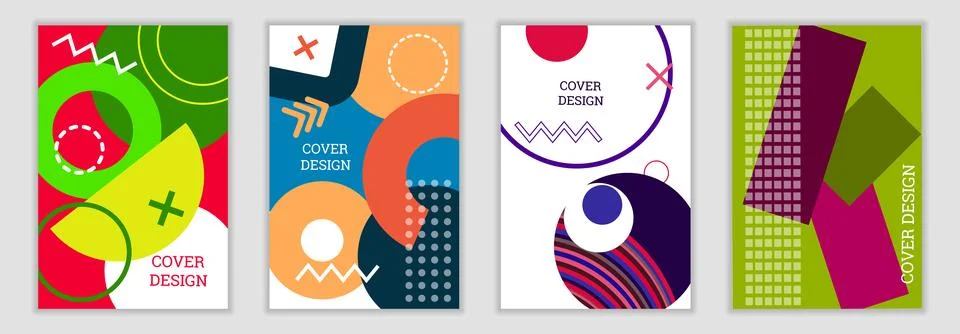 Bright background in Memphis style. Set of geometric cover designs. Fashionable Stock Illustration