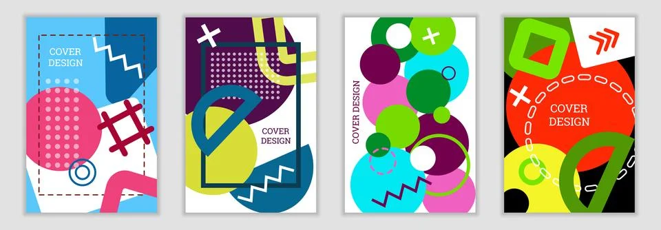 Bright background in Memphis style. Set of geometric cover designs. Fashionable 库存插图
