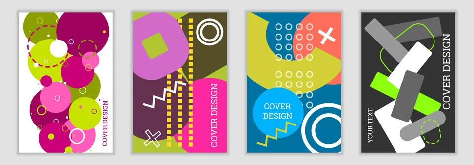 Bright background in Memphis style. Set of geometric cover designs. Fashionable Иллюстрация
