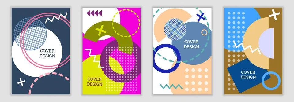 Bright background in Memphis style. Set of geometric cover designs. Fashionable Stock Illustration