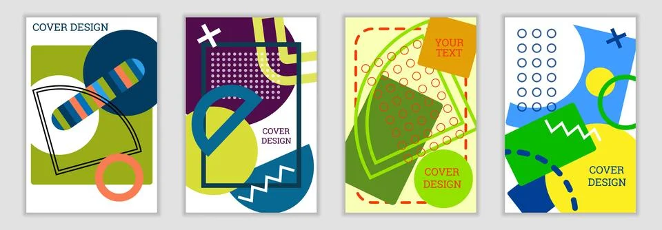 Bright background in Memphis style. Set of geometric cover designs. Fashionable Stock Illustration
