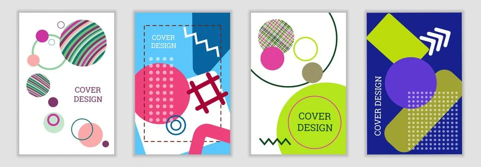 Bright background in Memphis style. Set of geometric cover designs. Fashion.. Stock Illustration