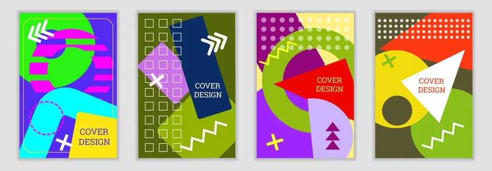 Bright background in Memphis style. Set of geometric cover designs. Fashionable Stock Illustration