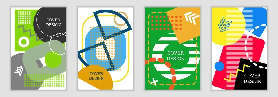 Bright background in Memphis style. Set of geometric cover designs. Fashionable Stock Illustration