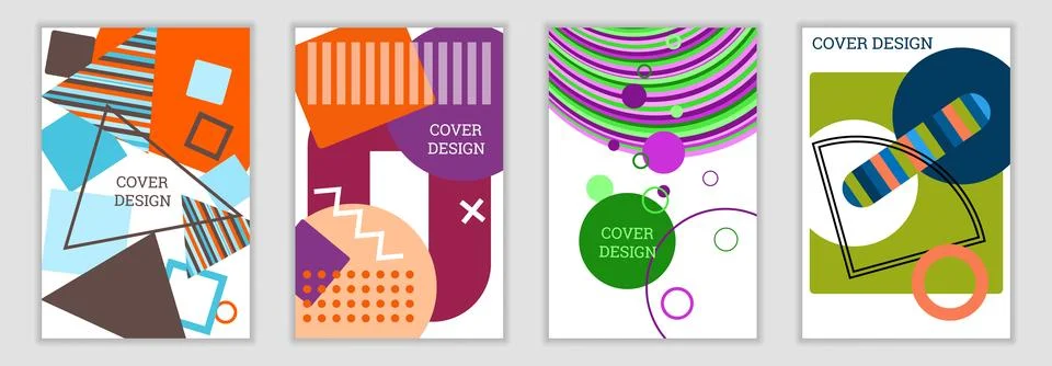Bright background in Memphis style. Set of geometric cover designs. Fashionable Stock Illustration