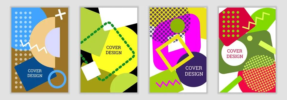 Bright background in Memphis style. Set of geometric cover designs. Fashion.. Illustration