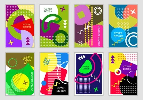 Bright background in Memphis style. Set of geometric cover designs. Fashion.. Stock Illustration