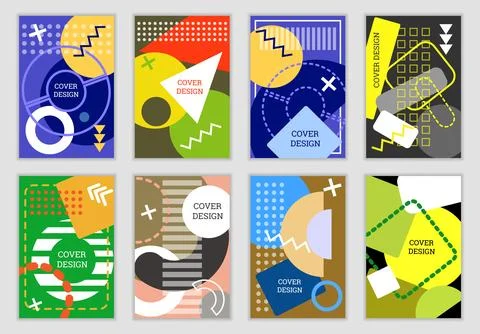 Bright background in Memphis style. Set of geometric cover designs. Fashion.. Stock Illustration