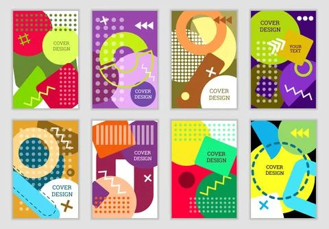 Bright background in Memphis style. Set of geometric cover designs. Fashion.. Illustration