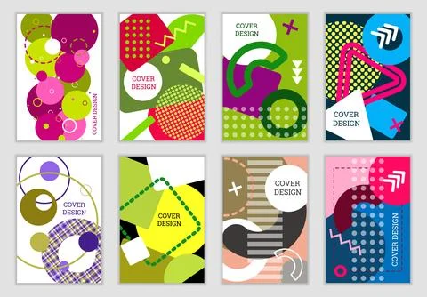 Bright background in Memphis style. Set of geometric cover designs. Fashion.. Stock Illustration