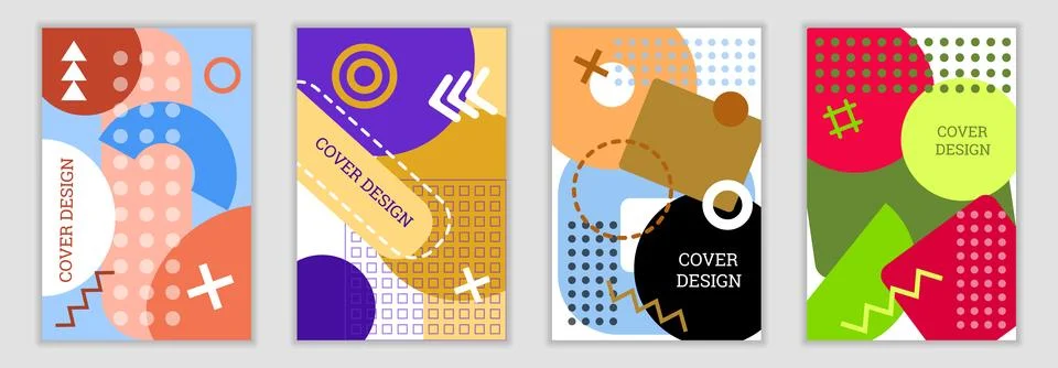 Bright background in Memphis style. Set of geometric cover designs. Fashion.. Stock Illustration