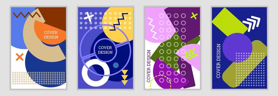 Bright background in Memphis style. Set of geometric cover designs. Fashion.. Stock Illustration