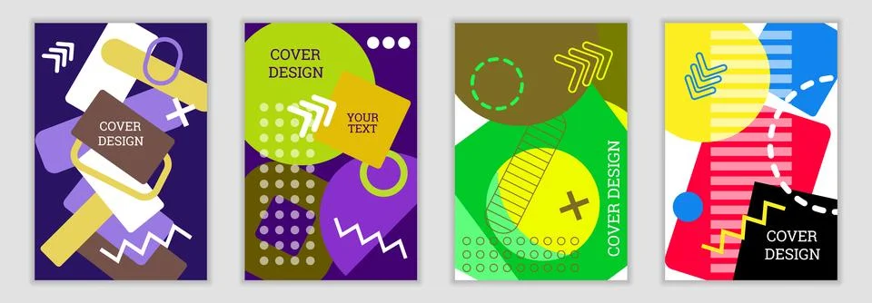 Bright background in Memphis style. Set of geometric cover designs. Fashion.. Stock Illustration