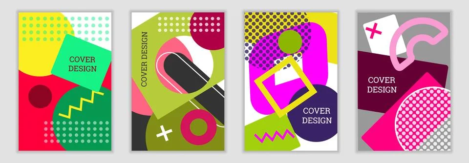 Bright background in Memphis style. Set of geometric cover designs. Fashion.. 库存插图