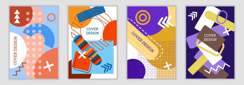 Bright background in Memphis style. Set of geometric cover designs. Fashion.. Stock Illustration
