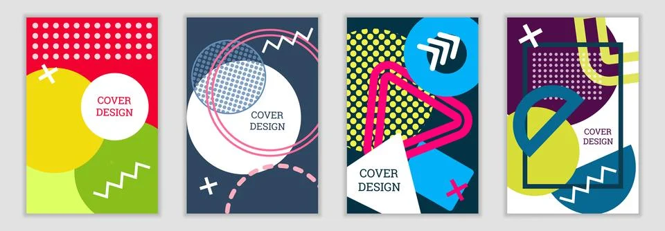 Bright background in Memphis style. Set of geometric cover designs. Fashion.. Stock Illustration