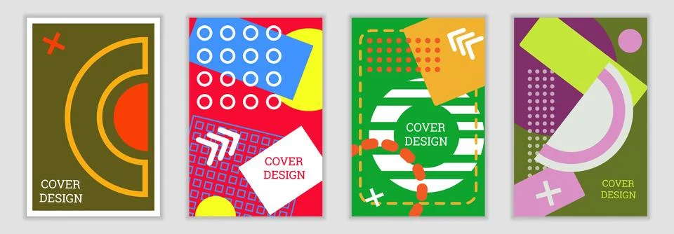Bright background in Memphis style. Set of geometric cover designs. Fashionable 스톡 일러스트