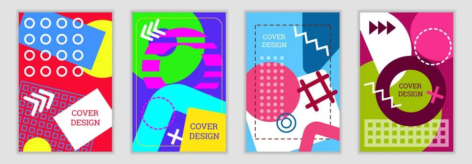 Bright background in Memphis style. Set of geometric cover designs. Fashionable Stock Illustration