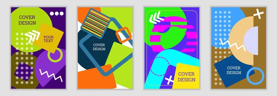 Bright background in Memphis style. Set of geometric cover designs. Fashion.. Stock Illustration