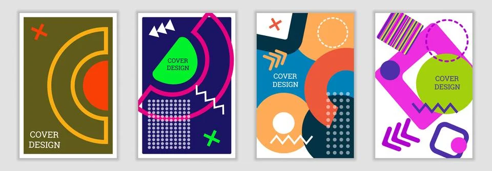 Bright background in Memphis style. Set of geometric cover designs. Fashion.. Stock Illustration