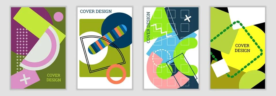 Bright background in Memphis style. Set of geometric cover designs. Fashion.. Stock Illustration