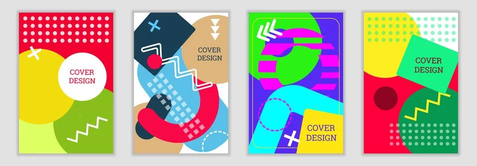 Bright background in Memphis style. Set of geometric cover designs. Fashion.. Stock Illustration