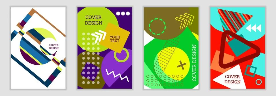 Bright background in Memphis style. Set of geometric cover designs. Fashion.. Stock Illustration