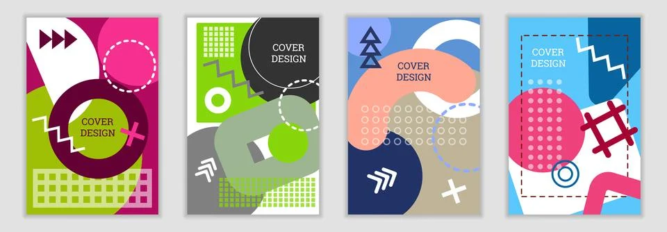 Bright background in Memphis style. Set of geometric cover designs. Fashion.. Stock Illustration
