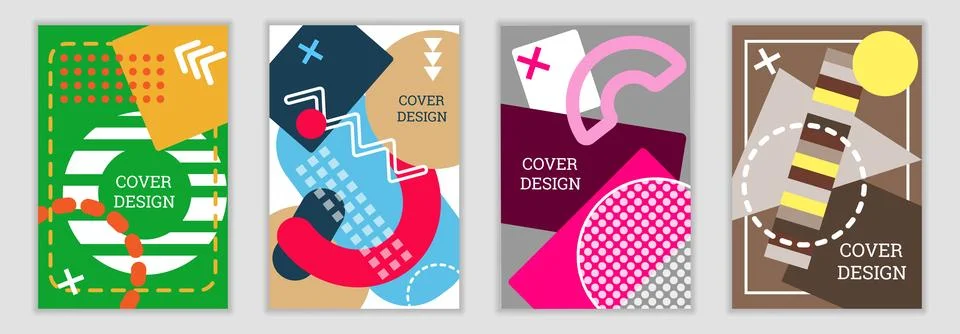 Bright background in Memphis style. Set of geometric cover designs. Fashion.. Stock Illustration