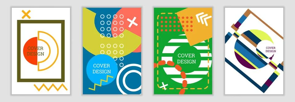 Bright background in Memphis style. Set of geometric cover designs. Fashion.. Stock Illustration